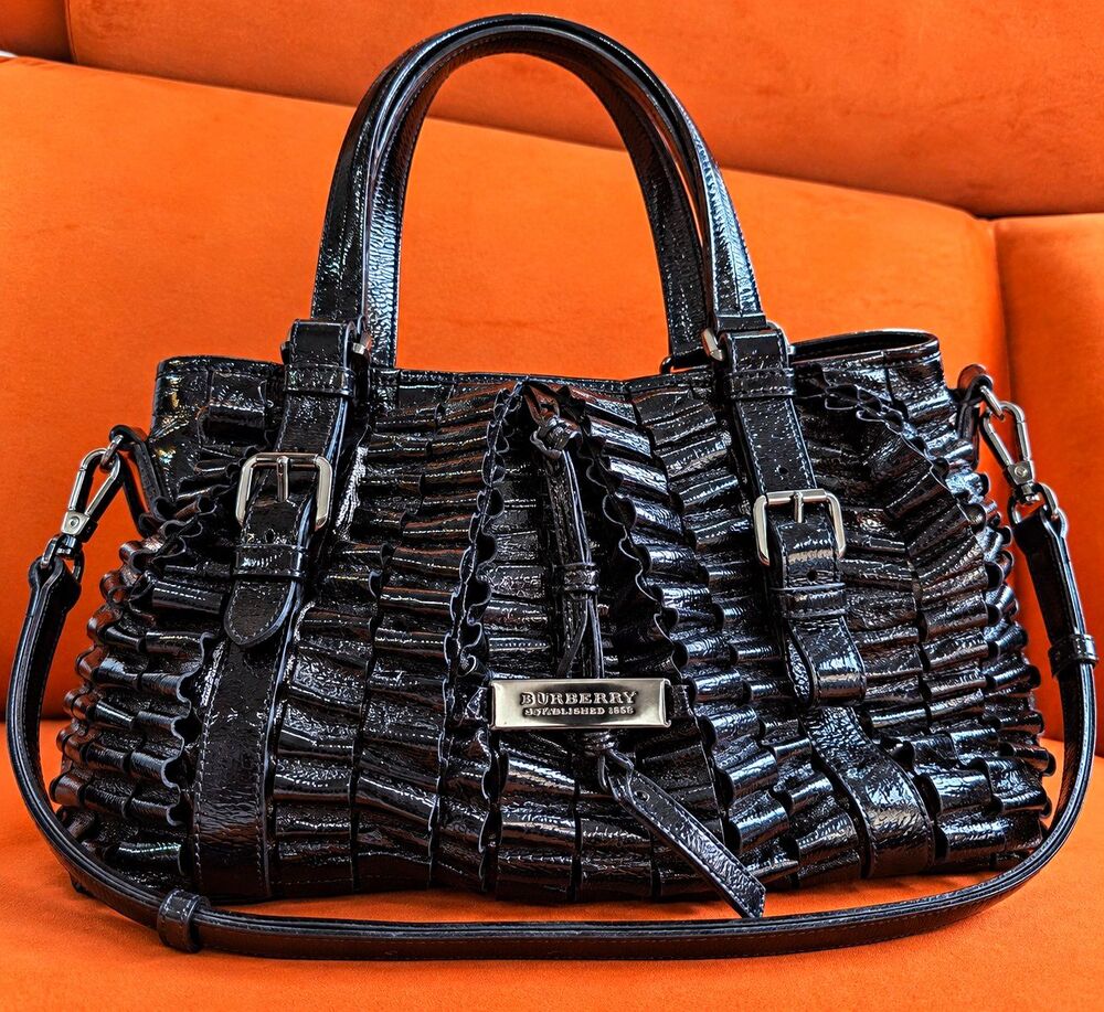 Burberry Black Patent Satchel Top Handle Zip Detachable Crossbody Silver 100% Au